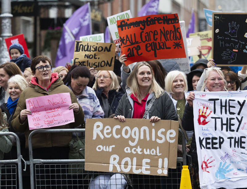 Special needs assistants and parents protesting outside Leinster House on Wednesday. Picture: Sam Boal/Collins Special needs assistants and parents protesting outside Leinster House on Wednesday. Picture: Sam Boal/Collins