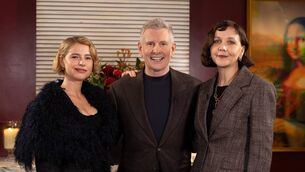 <p>Jessie Buckley and Maggie Gyllenhaal with Patrick Kielty for The Late Late Show. Picture: Alan Byrne</p>