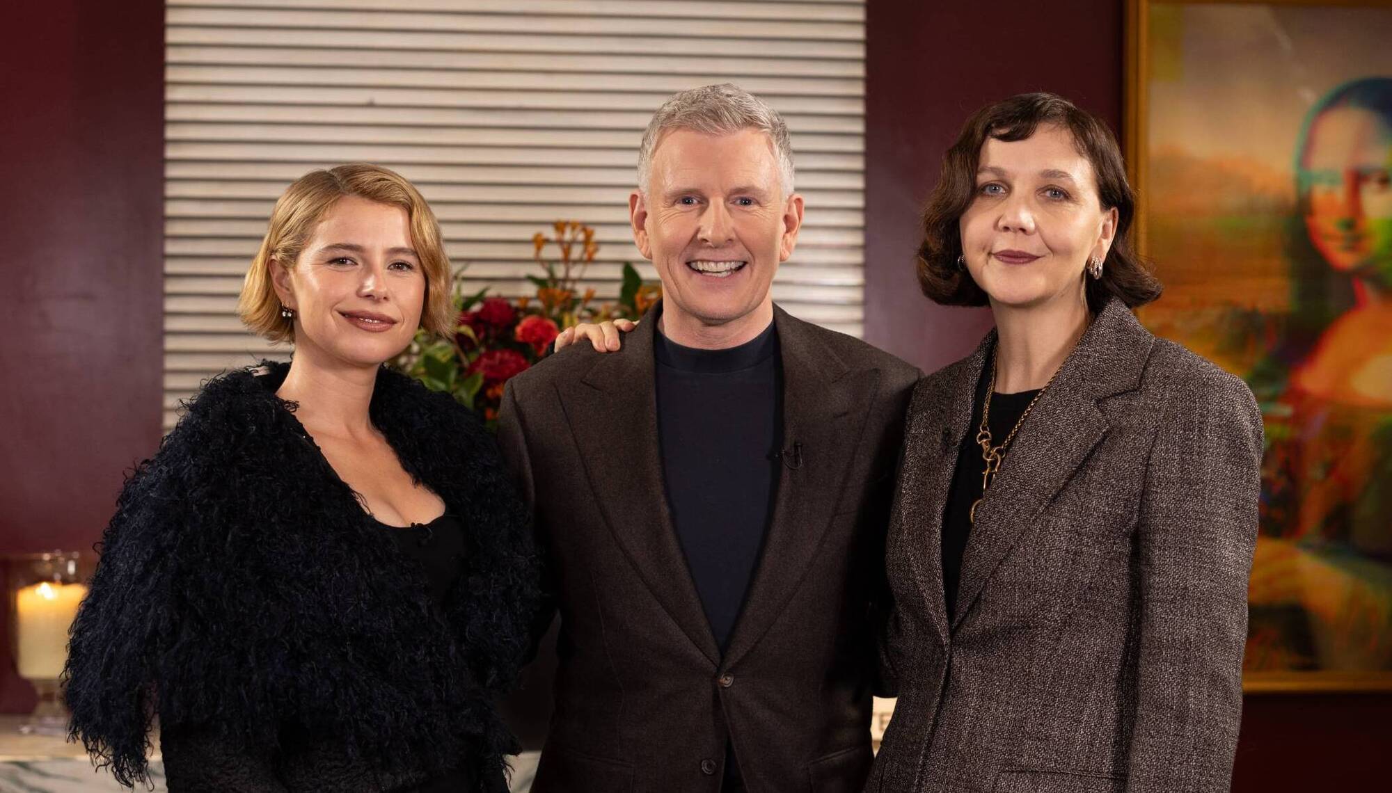 Jessie Buckley and Maggie Gyllenhaal with Patrick Kielty for The Late Late Show. Picture: Alan Byrne