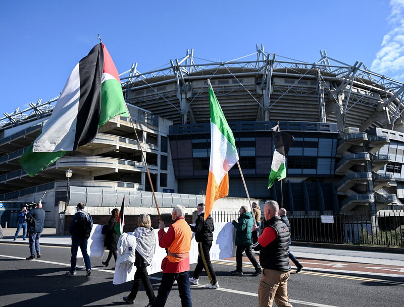 A general view of a protest march outside Croke Park in Dublin as the 2026 GAA Annual Congress was in progress. Pic: Ray McManus/Sportsfile