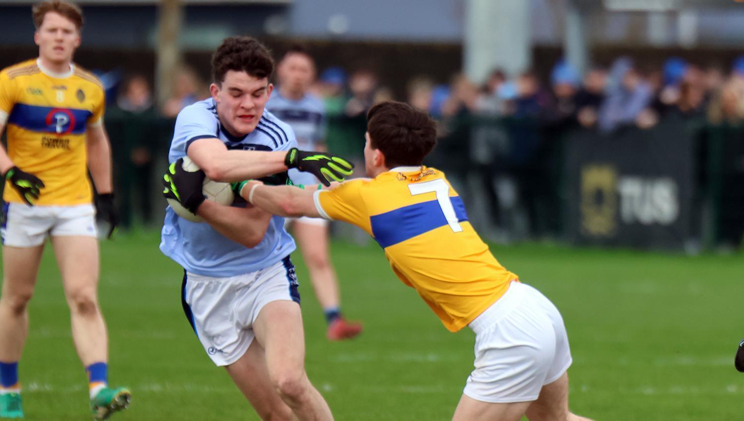 Ben Joyce of St. Gerald’s Castlebar under pressure from Ross Connolly of Tralee CBS. Pic: Brendan Gleeson
