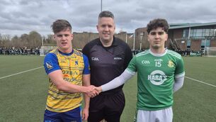 <p>Ben Sheehy, Mount St. Michael's, Rosscarbery, Evan Horan (Kerry) referee and Conor Moriarty, St. Nathy’s College, Ballaghadrreen ahead of the Paddy Drummond Cup (All Ireland U19.5 B Football Post Primary Schools) semi-final at University of Limerick North Campus.</p>