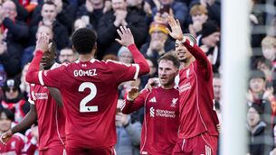 <p>Liverpool’s Alexis Mac Allister celebrates his goal. Pic: PA</p>