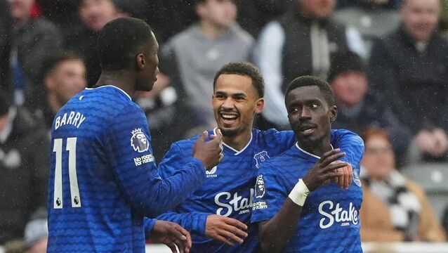 <p>Everton’s Thierno Barry (left) celebrates scoring. Pic: Owen Humphreys/PA</p>