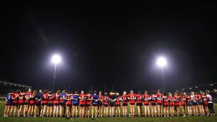 <p>Cork players stand for the playing of Amhrán na bhFiann before the Lidl Ladies National Football League Division 1 match against Waterford at Páirc Uí Rinn. Pic: Michael P Ryan/Sportsfile </p>
