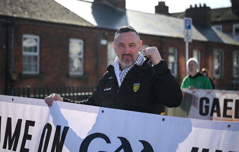 Former Donegal player Brendan Devenney during a protest march outside Croke Park in Dublin as the 2026 GAA Annual Congress was in progress. Photo by Ray McManus/Sportsfile