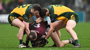 <p>John Maher of Galway in action against Eoghan Bán Gallagher, left, and Hugh McFadden of Donegal. Pic:Ramsey Cardy/Sportsfile</p> <p>John Maher of Galway in action against Eoghan Bán Gallagher, left, and Hugh McFadden of Donegal. Pic:Ramsey Cardy/Sportsfile</p>