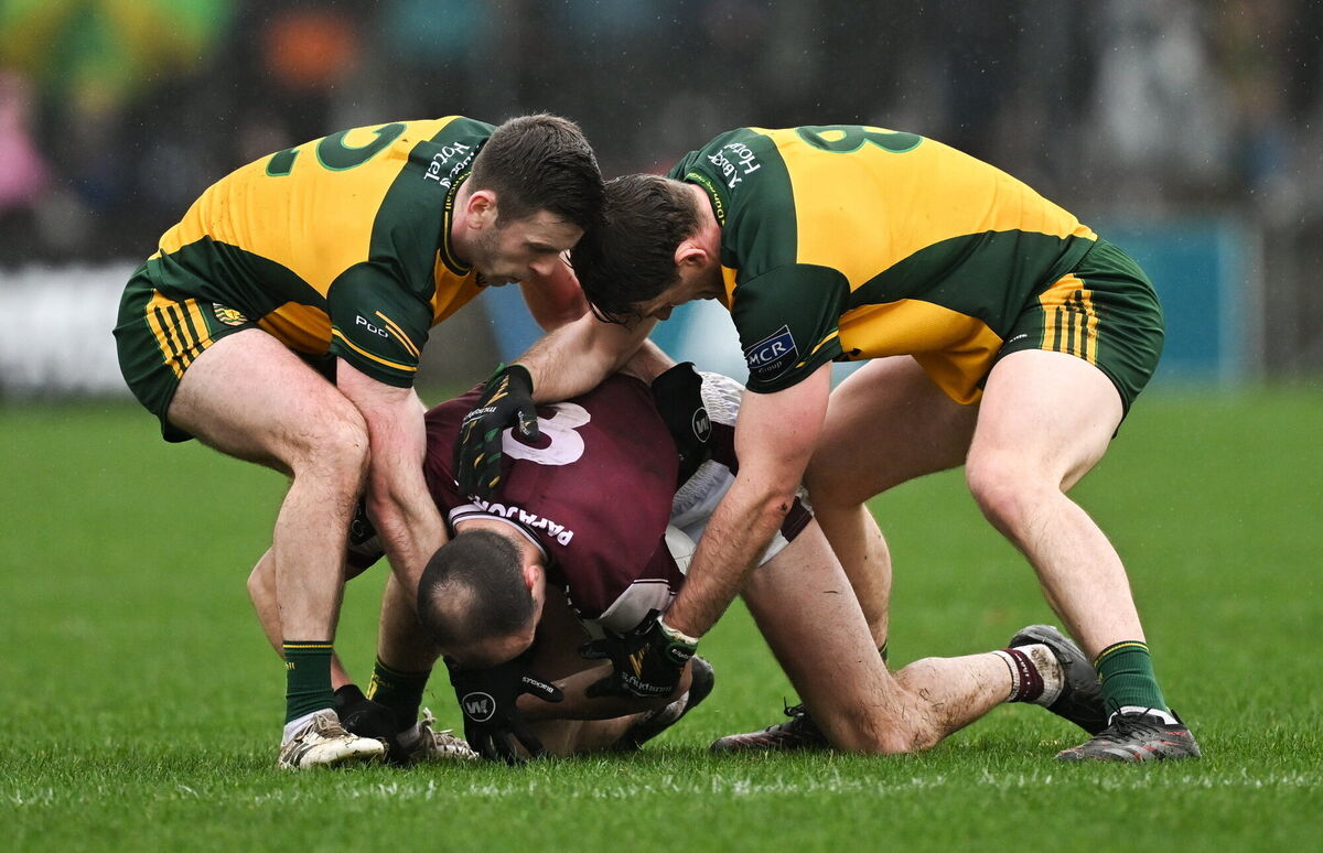 John Maher of Galway in action against Eoghan Bán Gallagher, left, and Hugh McFadden of Donegal. Pic:Ramsey Cardy/Sportsfile John Maher of Galway in action against Eoghan Bán Gallagher, left, and Hugh McFadden of Donegal. Pic:Ramsey Cardy/Sportsfile