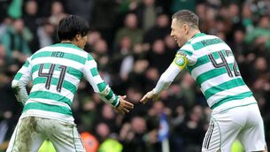 <p>Celtic's Reo Hatate celebrates scoring their side's second goal of the game with team-mate Callum McGregor. Pic: Steve Welsh/PA Wire.</p>
