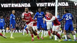 <p>Arsenal's Jurrien Timber (centre left) celebrates</p>