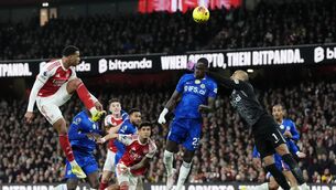 <p>Chelsea's Trevoh Chalobah (centre) wins a head over Arsenal's Gabriel (left) and Chelsea goalkeeper Robert Sanchez (right). Pic : Nick Potts/PA</p>