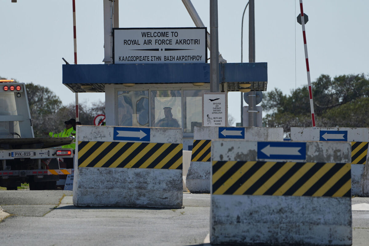 Force Protection personnel stop a vehicle at the main gate of the UK's RAF Akrotiri air base after it was hit by a drone strike early morning near Limassol, Cyprus, Monday, March, 2, 2026. Picture: AP Photo/Petros Karadjias