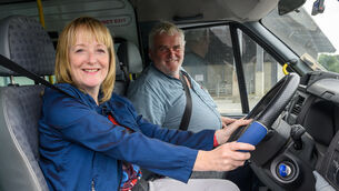 <p>Examiner journalist Siobhán Cronin on a bus driving lesson with instructor Frank O'Driscoll in Skibbereen, West Cork. Picture: Dan Linehan</p>