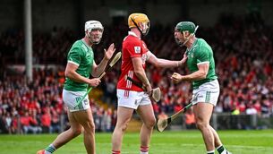 <p>FRIENDS REUNITED? Limerick players Seán Finn, right, and Kyle Hayes celebrate winning a free against Shane Barrett of Cork last season. The rivals may meet in the league final. Picture: Piaras Ó Mídheach/Sportsfile</p>