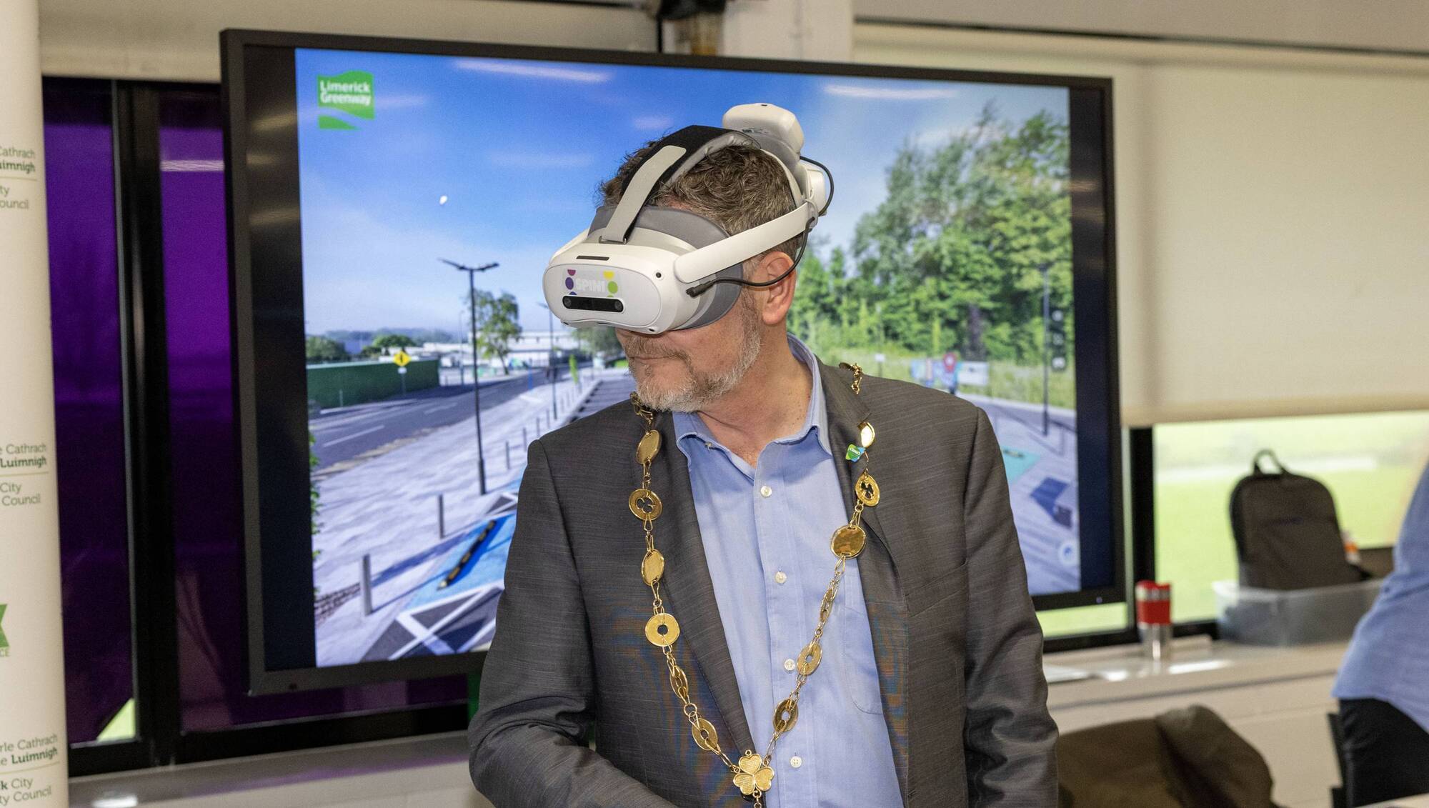 Limerick mayor John Moran trying out the new VR headset tech for the Limerick Greenway at the Limerick IT Summit 2026 at Dell Technologies Campus. Picture: Kieran Ryan-Benson