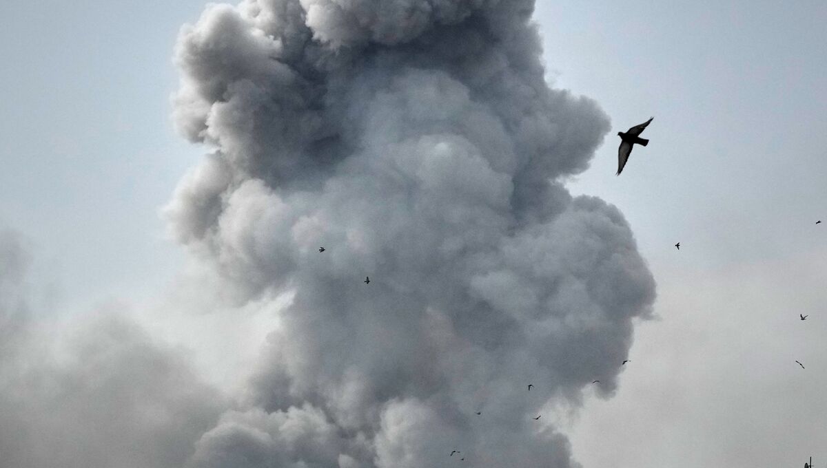 A bird flies by a plume of smoke rising after a strike in Tehran (/Vahid Salemi/AP)