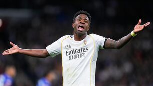 <p>Real Madrid's Vinicius Junior reacts during a Spanish La Liga soccer match between Real Madrid and Getafe in Madrid. Pic: Manu Fernandez/AP</p>