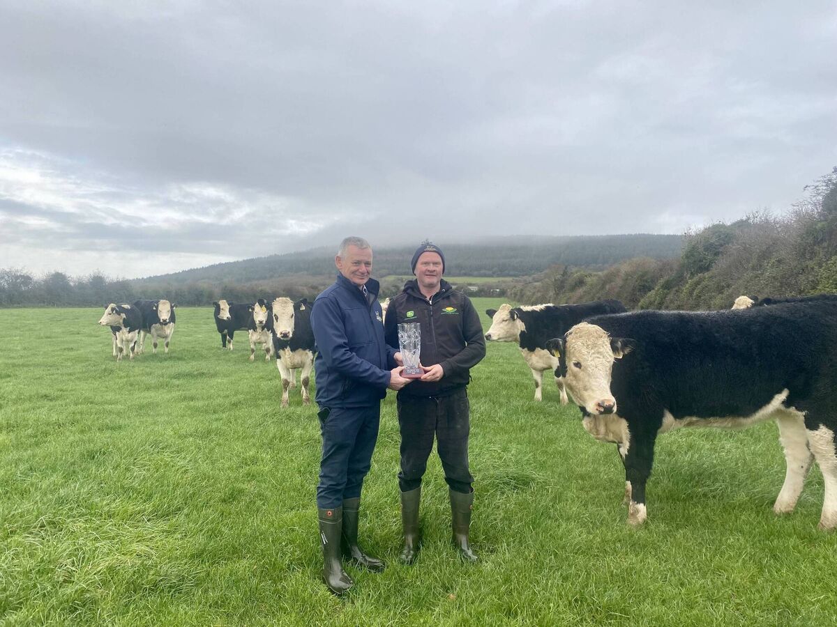 Michael Clearly, Irish Hereford Prime, presents Edward Delahunty with the Irish Hereford Prime Farmer of the Year award.