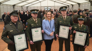 <p>Defence minister Helen McEntee, with left to right, Father Paul Murphy, Private Dylan Geraghty, and Private Ciara Shanahan in Renmore Barracks, Co Galway. Picture: Brian Lawless/PA</p> <p>Defence minister Helen McEntee, with left to right, Father Paul Murphy, Private Dylan Geraghty, and Private Ciara Shanahan in Renmore Barracks, Co Galway. Picture: Brian Lawless/PA</p>