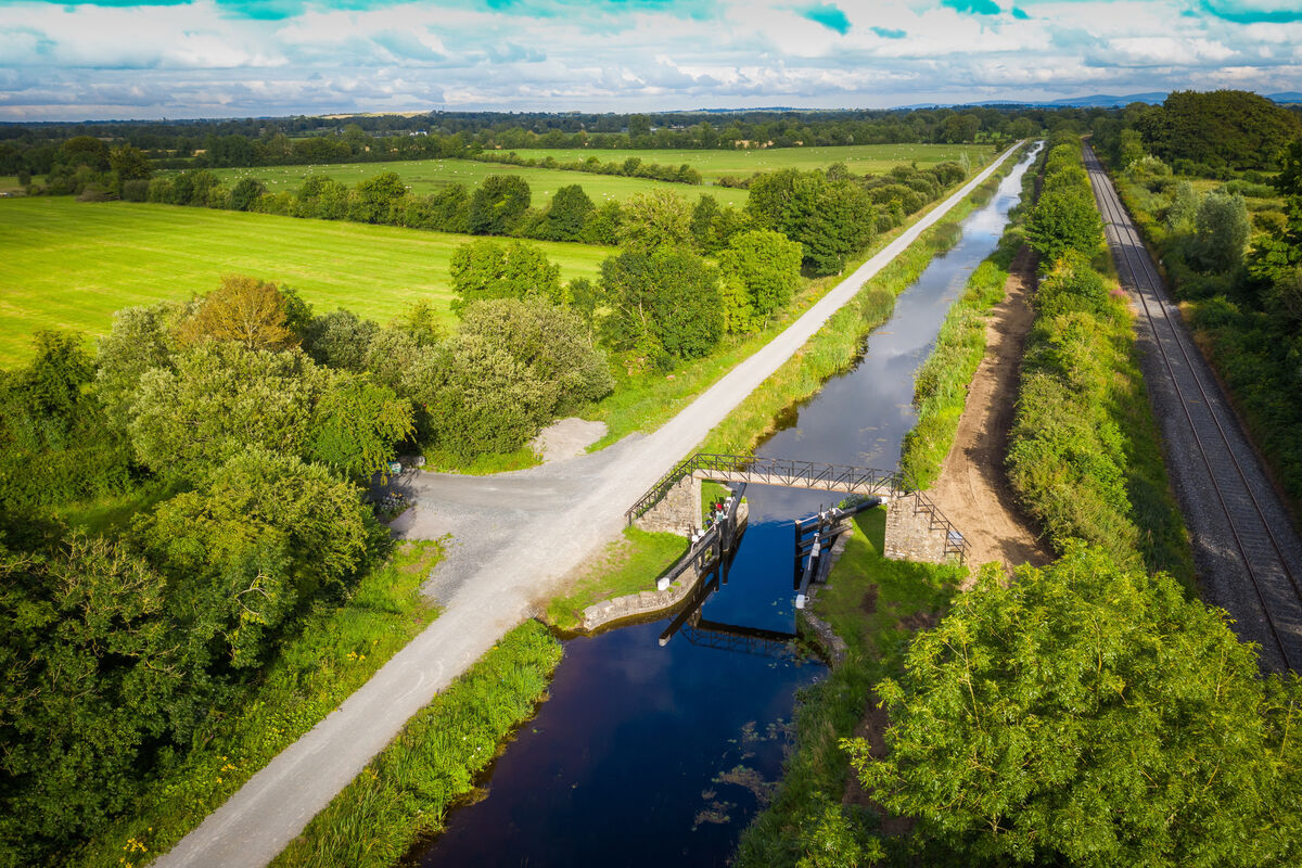 The Royal Canal Greenway at Ribbontail Bridge, Meath; a scenic 130km walking and cycling amenity stretching alongside the historic 225-year-old canal.