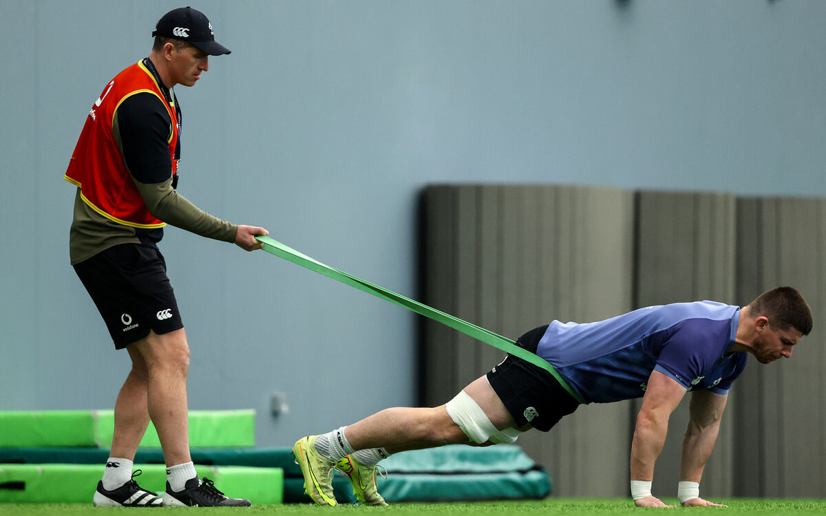 Strength &amp; conditioning coach Ciaran Ruddock with Nick Timoney. Pic: Ben Brady/Inpho