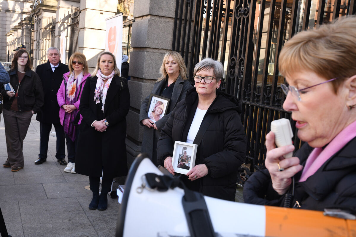 Allison McCarthy (second from right) Cork holding a framed photograph of her mother Alice Donovan and Lorraine Lamb (centre) with a photograph of her mother Jean, alongside other bereaved families outside the Dail today. Picture: Moya Nolan Allison McCarthy (second from right) Cork holding a framed photograph of her mother Alice Donovan and Lorraine Lamb (centre) with a photograph of her mother Jean, alongside other bereaved families outside the Dail today. Picture: Moya Nolan