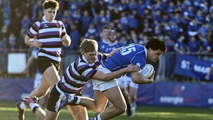 <p>Josh Kelly of St Mary’s College on his way to scoring his side's second try, despite the challenge of Alvaro Swords of Terenure College. Pic: Daire Brennan/Sportsfile</p> <p>Josh Kelly of St Mary’s College on his way to scoring his side's second try, despite the challenge of Alvaro Swords of Terenure College. Pic: Daire Brennan/Sportsfile</p>