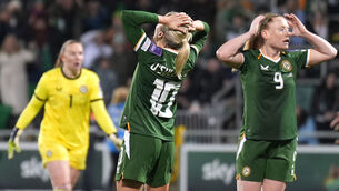 <p>CLOSE, BUT NO CIGAR: Republic of Ireland's Denise O'Sullivan (centre) and team-mates rue a missed chance. Pic: Niall Carson/PA Wire.</p>