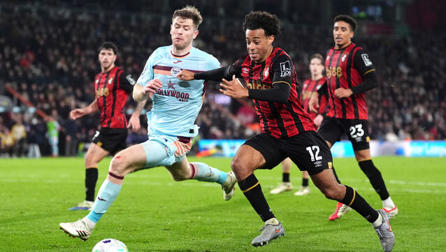 <p>Brentford’s Nathan Collins (left) and Bournemouth’s Tyler Adams battle for the ball. Pic: Adam Davy/PA</p>
