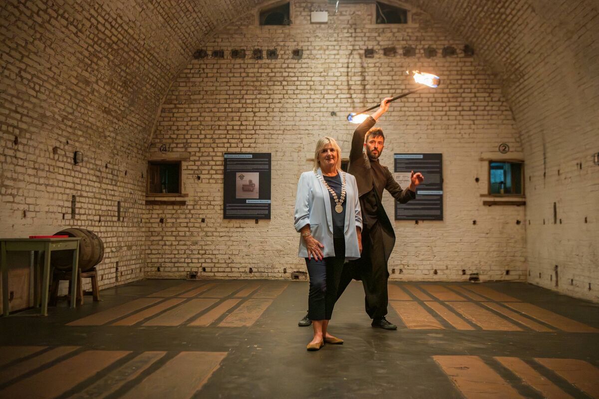 Mayor of the County of Cork, Cllr Mary Linehan Foley launching Culture Night 2025 at Camden Fort Meaghar with Ronan McLoughlin, Fire Performer, ROGU. Photo: Anna Groniecka