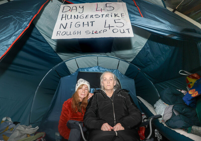 Industrial school survivors Miriam Moriarty Owens from Tralee, 68, and Mary Donovan from Kerry ,57, two of four survivors of institutional abuse who are on hunger strike outside Leinster House. Picture: Leah Farrell /  RollingNews.ie
