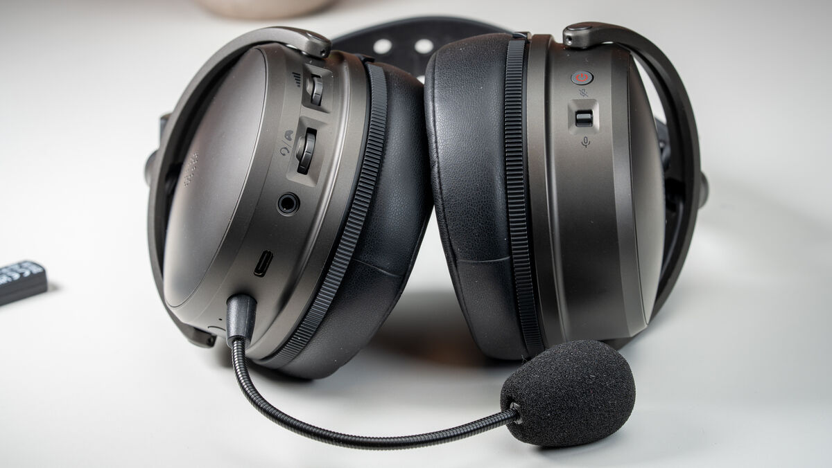 The detachable boom microphone on the Audeze Maxwell 2 uses AI noise reduction to keep voices clear during calls, streaming or online gaming sessions. Picture: Noel Campion.