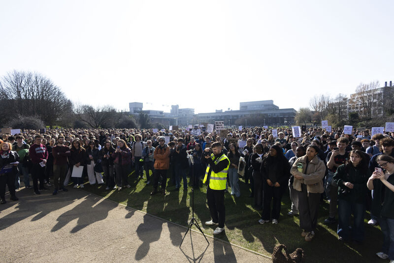 
                        Thousands of UCD students protest on the campus calling for systemic change in how UCD responds to sexual violence and gender-based harm. Photo: Sam Boal/Collins Photos