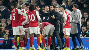 <p>Arsenal manager Mikel Arteta speaks to his players during one of the breaks in play at Brighton. Pic: Adam Davy/PA</p>