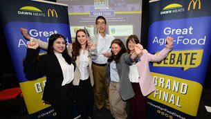 <p>(Left to right) UCC Grand Final winners Apoorva Unde, Claudine Lynch, Yuelin Zhan, team captain Aoife Lynch and Anna Ryan celebrating at the 10th Great Agri-Food Debate.</p>