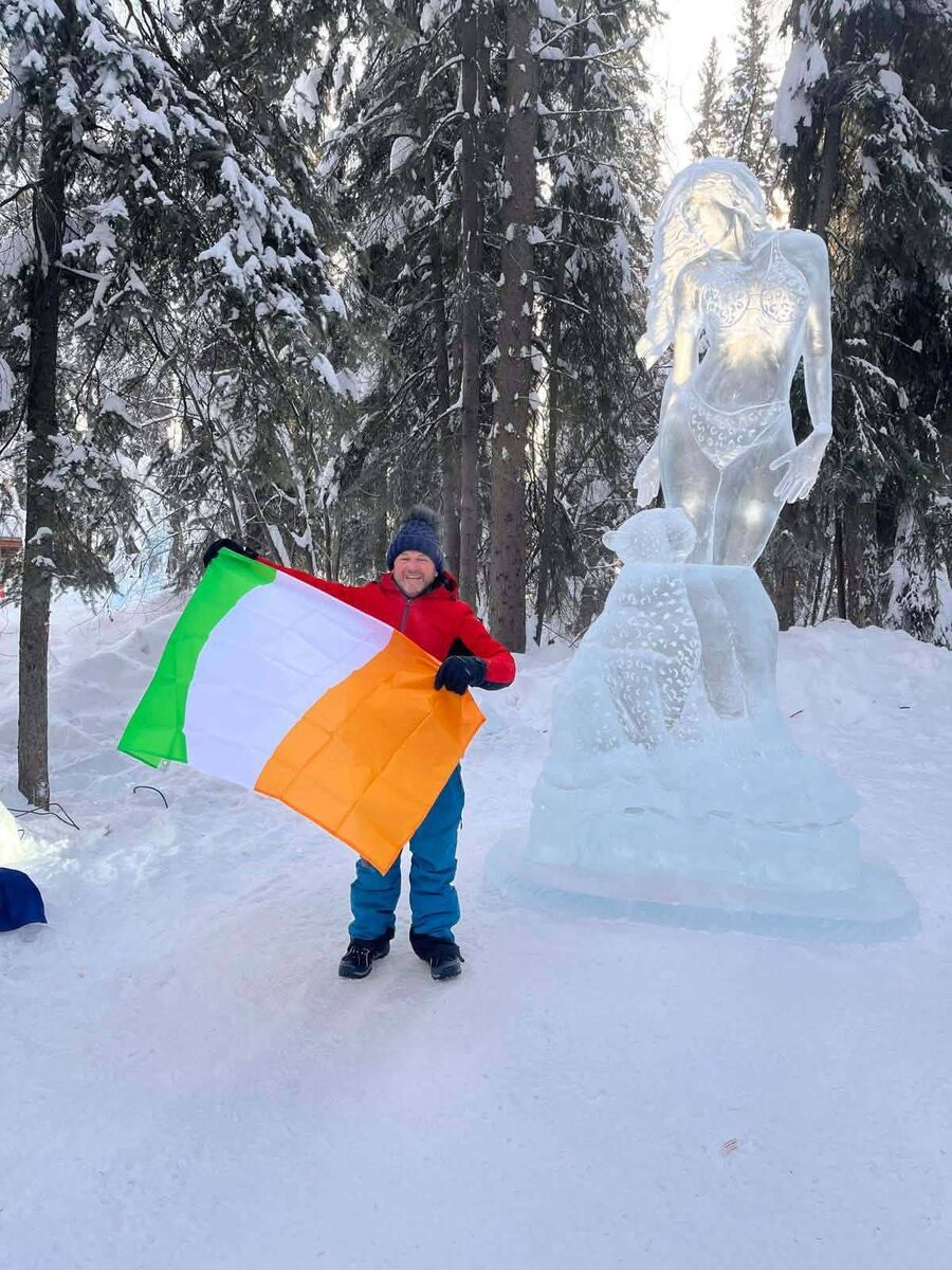 John Hayes flying the flag for Ireland at the World Ice Art Championships in Fairbanks, Alaska.