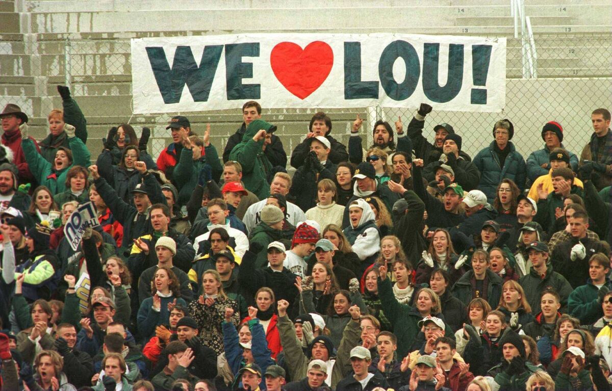 HERO WORSHIP: Fans of the Notre Dame Fighting Irish display their affection for head coach Lou Holtz as he coaches his last home game in the Irish''s match up against the Rutgers Scarlet Knights at Notre Dame Stadium i