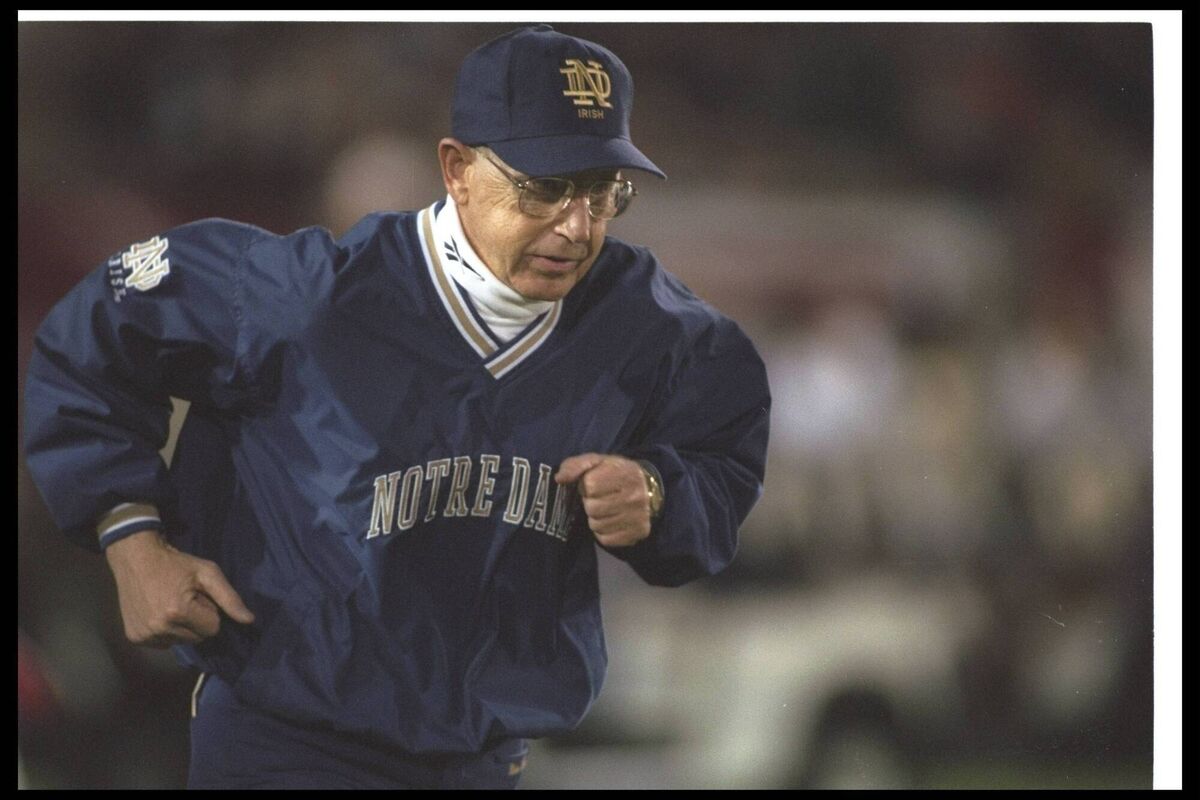 Notre Dame Fighting Irish head coach Lou Holtz looks on during a game against the USC Trojans at the Coliseum in Los Angeles, California. USC won the game, 27-20.