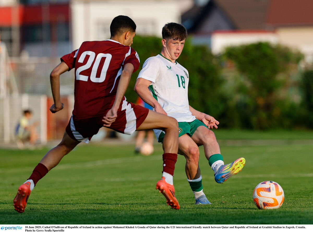 Cathal O'Sullivan of Republic of Ireland in action against Mohamed Khaled A Gouda of Qatar during an U21 international friendly. Picture: Gerry Scully/Sportsfile Cathal O'Sullivan of Republic of Ireland in action against Mohamed Khaled A Gouda of Qatar during an U21 international friendly. Picture: Gerry Scully/Sportsfile
