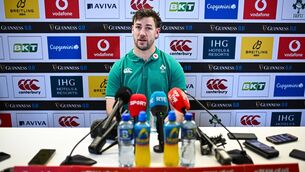 <p>ON THE SPOT: Captain Caelan Doris during a media conference after an Ireland Rugby captain's run at the Aviva Stadium in Dublin. Photo by Seb Daly/Sportsfile</p>
