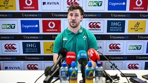 <p>ON THE SPOT: Captain Caelan Doris during a media conference after an Ireland Rugby captain's run at the Aviva Stadium in Dublin. Photo by Seb Daly/Sportsfile</p>