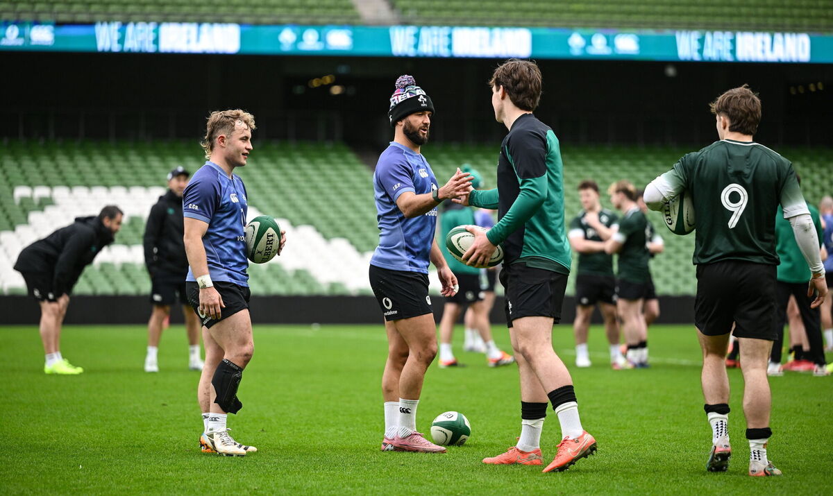 LEARNING: Craig Casey, left, and Jamison Gibson-Park with James O'Dwyer and Barrett during an open training session at the Aviva. Pic: Brendan Moran/Sportsfile
