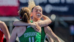 <p>Ireland’s Sarah Torrans celebrates with teammates after scoring her side's first goal in the FIH Hockey World Cup Qualifiers against Canada in Santiago. Pic: Frank Uijlenbroek/Inpho</p>