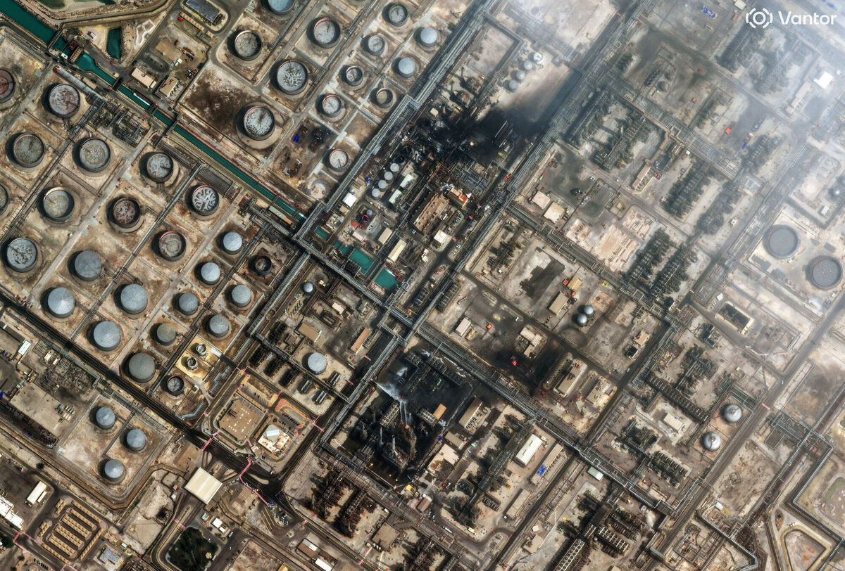 This satellite image provided by Vantor shows an overview of damage after a drone attack to Ras Tanura oil refinery, in Saudi Arabia, Monday, March 2, 2026. (Satellite image ©2026 Vantor via AP)