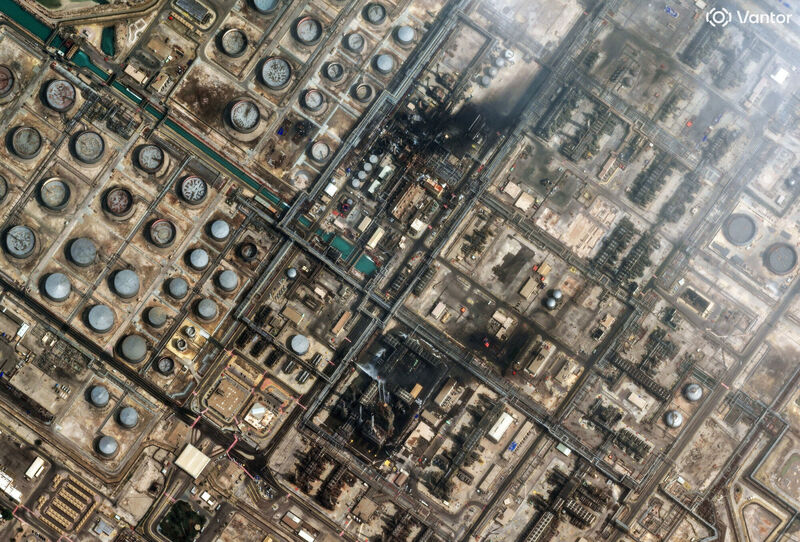 This satellite image provided by Vantor shows an overview of damage after a drone attack to Ras Tanura oil refinery, in Saudi Arabia, Monday, March 2, 2026. (Satellite image ©2026 Vantor via AP)