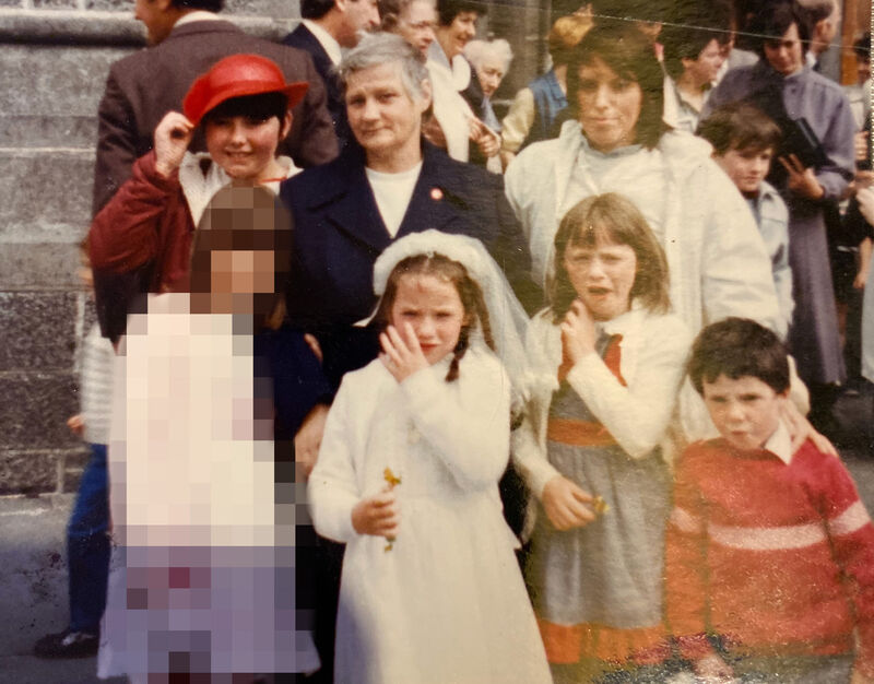Jessica on her First Communion day with Amanda, grandmother Tessie Pugh, mother Tessie Farrell, Helen, and Christopher.