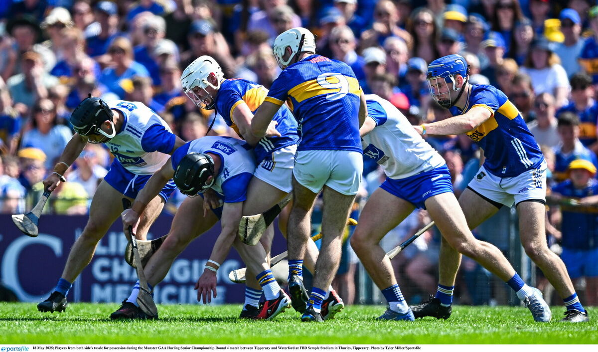 Players from both sides tussle for possession during the Munster GAA Hurling Senior Championship Round 4 match between Tipperary and Waterford. Pic: Tyler Miller/Sportsfile