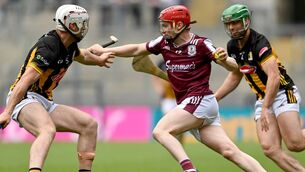 <p>Tom Monaghan of Galway in action against Mikey Carey, left, and Tommy Walsh of Kilkenny. Pic:Ramsey Cardy/Sportsfile</p>