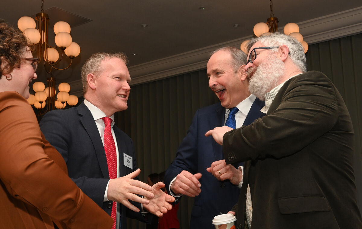  Keynote speaker Taoiseach Micheál Martin, TD shares a laugh with Cllr AnnMarie Ahern, Cllr Seamus McGrath and Michael Moynihan, Irish Examiner at the Irish Examiner Future Cork 2026 event at The Metropole Hotel, Cork. Picture: Larry Cummins