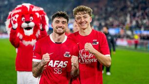 <p>MARKSMAN: Ireland's Troy Parrott celebrates with AZ Alkmaar team-mate Sven Mijnans after their KNVB Beker Cup win over SC Telstar this week. Pic: Ed van de Pol/BSR Agency/Getty Images</p>